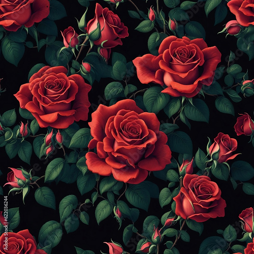Seamless red embroidery roses pattern  textile design  created with Generative AI technology