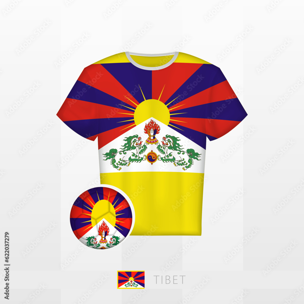 Football uniform of national team of Tibet with football ball with flag of Tibet. Soccer jersey and soccerball with flag.