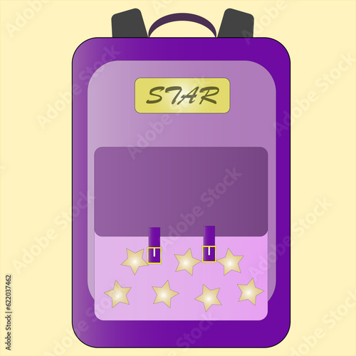 Backpack purple with lettering star, luggage or school bag, vector flat icon.