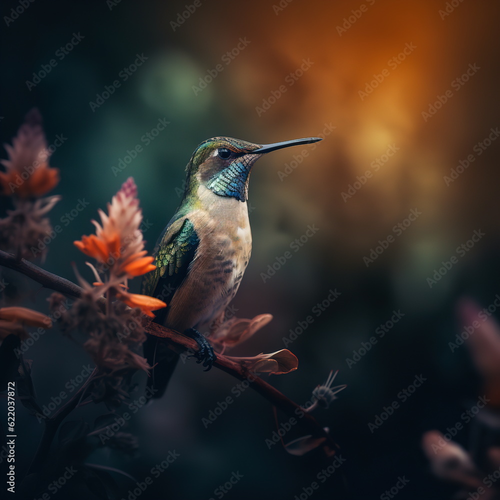 Fototapeta premium Close-up beautiful hummingbird in a dreamy lighting style.Generative AI