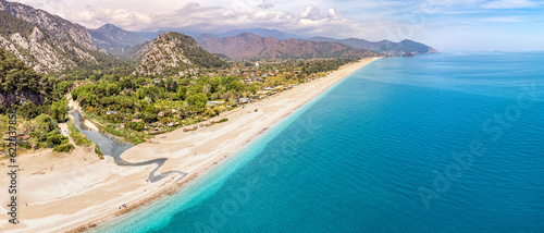 Fototapeta Naklejka Na Ścianę i Meble -  Aerial view of a popular and famous Cirali (Chirali) beach near Olympos ancient town in Turkey