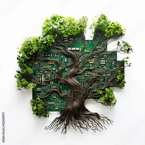 Tall tree with computer components as leaves, a unique blend of technology, motherboard, greenery, nature, and the idea of green-tech