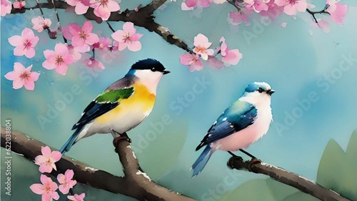 birds on a branch of a tree, spring time, colofull birds. painting style, generative AI.