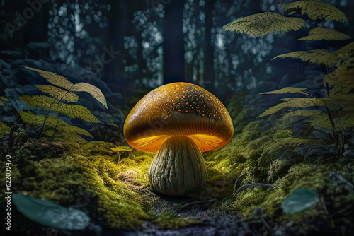 A beautiful mushroom in the woods, sunlight from behind - Generative AI