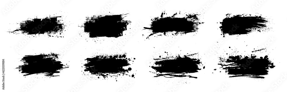Black dried paint splattered in dirty style. Isolated black ink stencils for graphic design, text fields. Artistic texture of ink brush strokes, splatter stains, callout. Paintbrush, stroke vector set