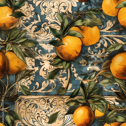 Seamless vintage pattern with lemons. Sicilian vintage style tiles. Bright illustration of lemon branches drawn. Italy summer garden. Design for fabric, tablecloth, paper, print
