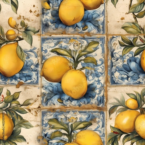Seamless vintage pattern with lemons. Sicilian vintage style tiles. Bright illustration of lemon branches drawn. Italy summer garden. Design for fabric, tablecloth, paper, print