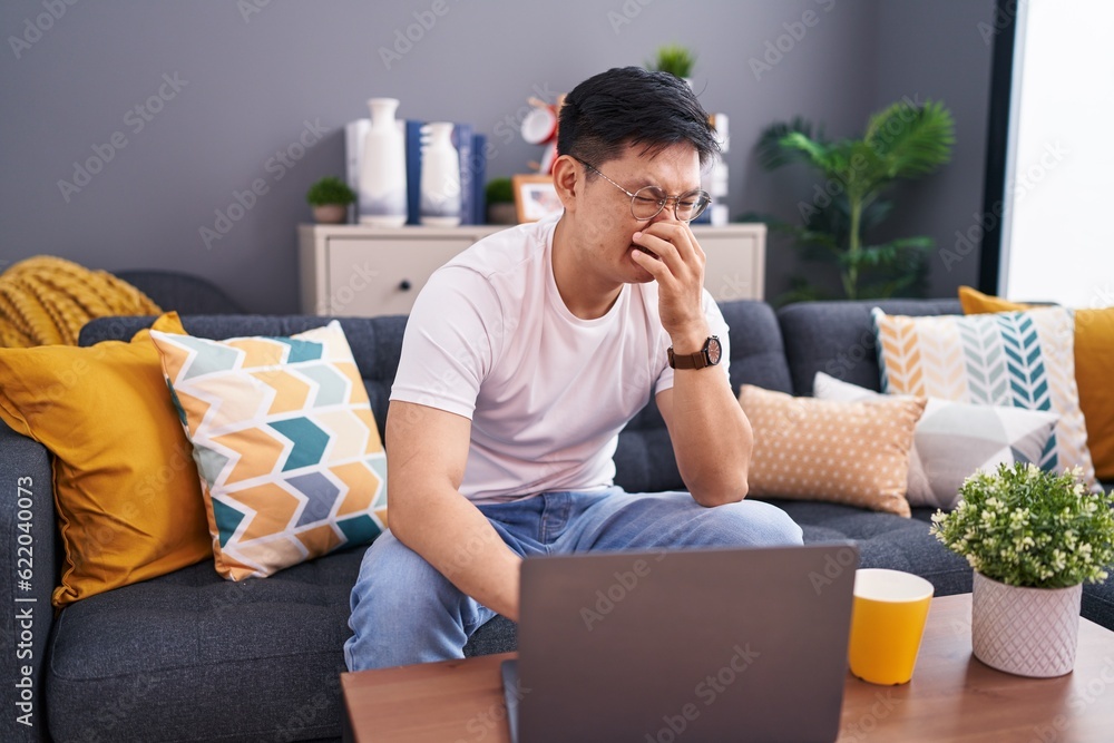 Young asian man using laptop at home sitting on the sofa smelling something stinky and disgusting, intolerable smell, holding breath with fingers on nose. bad smell - obrazy, fototapety, plakaty 