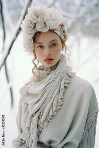 portrait of a woman/model/book character surrounded by snow in wintery landscape with a thoughtful expression in a fashion/beauty editorial magazine style film photography look - generative ai art