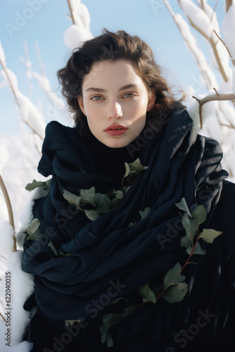 portrait of a woman/model/book character surrounded by snow in wintery landscape with a thoughtful expression in a fashion/beauty editorial magazine style film photography look - generative ai art