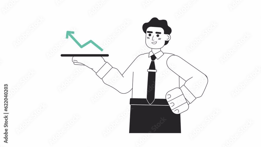 Financial advisor with rising arrow bw 2D animation. Trading graph. Economy stock exchange 4K video motion graphic. Loan business monochrome outline animated cartoon flat concept, white background Financial advisor with rising arrow bw 2D animation. Trading graph. Economy stock exchange 4K video motion graphic. Loan business monochrome outline animated cartoon flat concept, white background