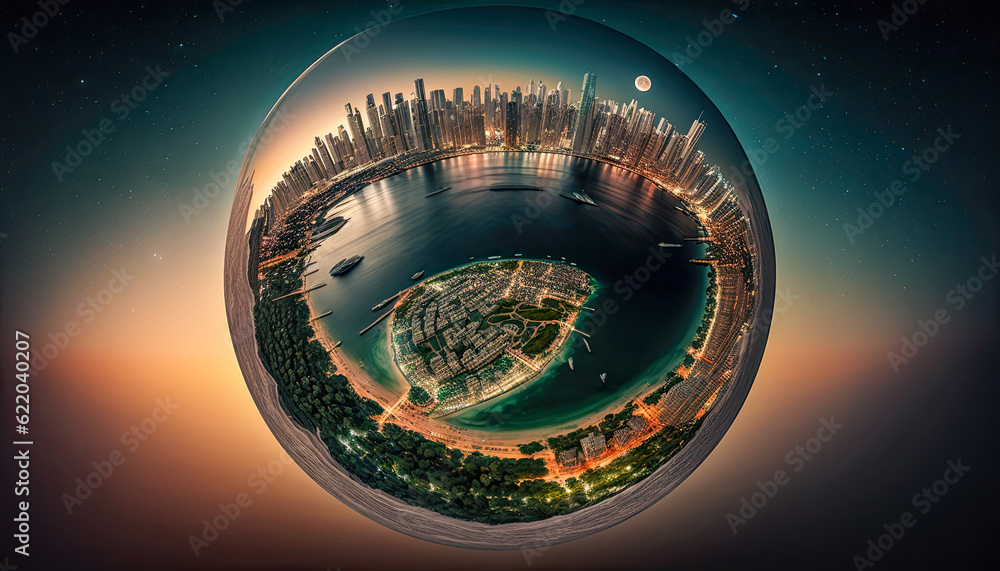 Fototapeta premium Tiny planet of Miami skyline - Generative AI