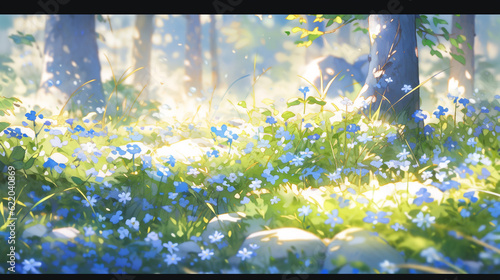 Forest nature landscape blue sky wallpaper in anime style