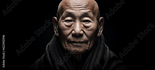 portrait of an asian mature buddist monk in low key. Image generative AI.