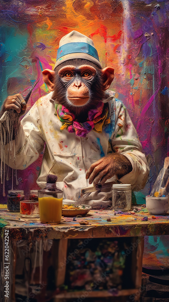 Monkey painting in messy art room splattered with abstract paint. Created using ai generative. 