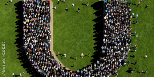 Large and diverse group of people seen from above gathered in the shape of a 