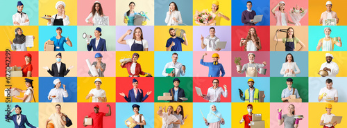 Group of people of different professions on color background