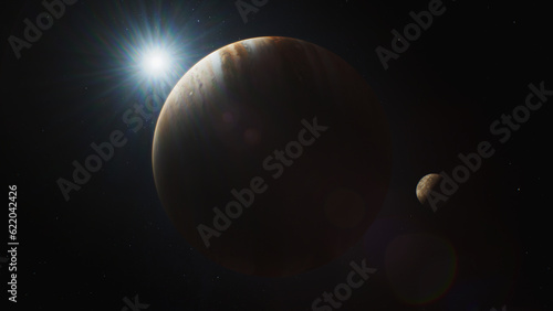 3D animation of Jupiter and its moon Io, Europa, Ganymede or Callisto rotating in dark outer space. Sun, stars and galaxies on background. Solar system planet. Universe exploration.