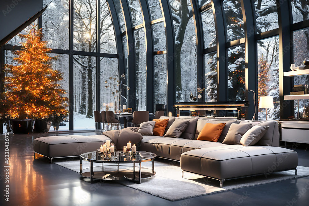 Interior in modern style in gray with winter views. Generative AI Interior in modern style in gray with winter views. Generative AI