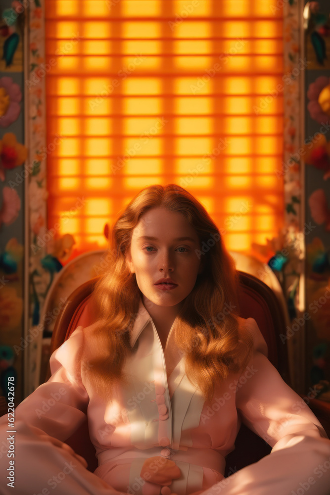 Fototapeta premium portrait of a woman/model/book character in a crowd in whimsical setting with a thoughtful/sad expression in a fashion/beauty editorial magazine style film photography look - generative ai art