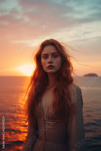 illustration of a woman/book character in formal clothes overlooking the coastline during sunset looking lost/sad/thoughtful reminding of Scottish landscapes © MaryAnn