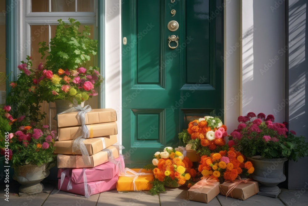 Naklejka premium Photographic Capture of a Stack of Packages in Front of a Colorful Door on an English-Style House Adorned with Summer Flowers, Bathed in Sunny Light