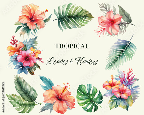 Set of exotic flowers and leaves. Tropical vector flowers. Watercolor floral illustration. Tropical collection