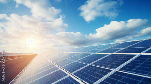 Solar Power: solar panels with sun shining on them, emphasizing renewable energy. generative ai