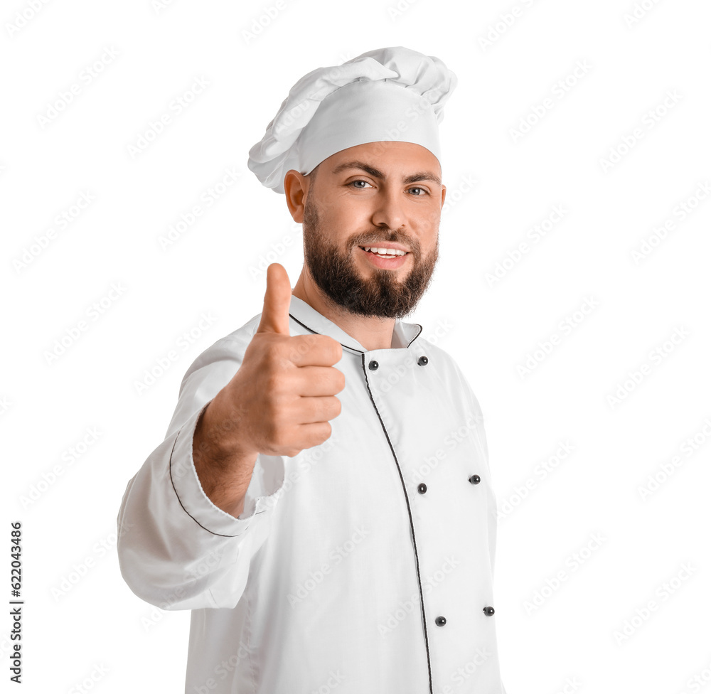 Male baker in uniform showing thumb-up on white background Male baker in uniform showing thumb-up on white background