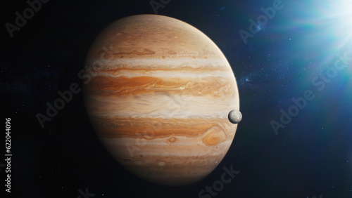 3D graphics of Jupiter and its moon Io, Europa, Ganymede or Callisto spinning in dark outer space under sun rays. Stars and galaxies on background. Solar system planet. Universe exploration.