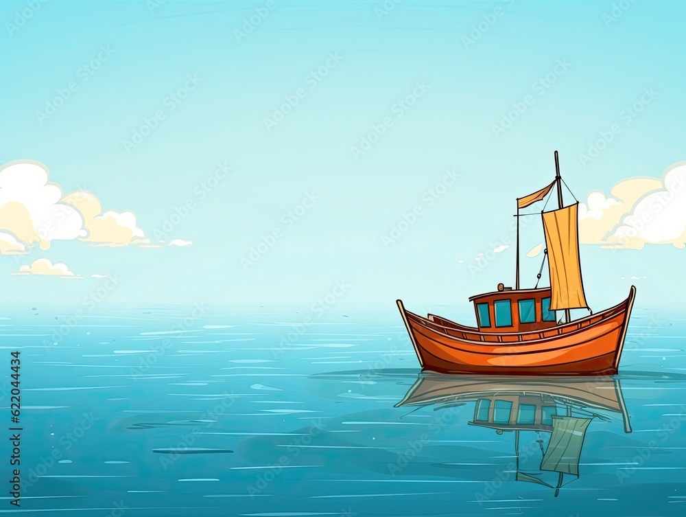 Illustration of a wooden boat in the sea with a blue sky