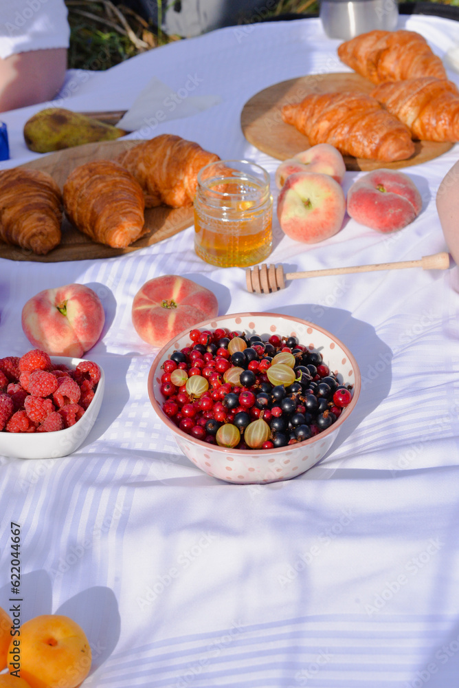 Red and blues berries on the white tablecloth, picnic on the nature Red and blues berries on the white tablecloth, picnic on the nature