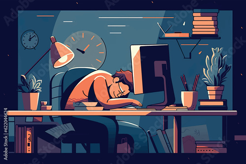A completely overworked man sleeps with his head on the desk in his office. Vector graphic