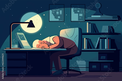 A completely overworked man sleeps with his head on the desk in his office. Vector graphic