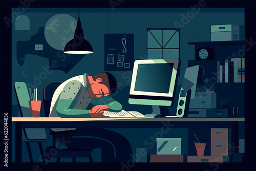 A completely overworked man sleeps with his head on the desk in his office. Vector graphic