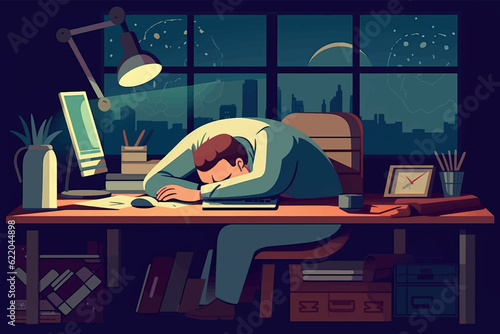 A completely overworked man sleeps with his head on the desk in his office. Vector graphic