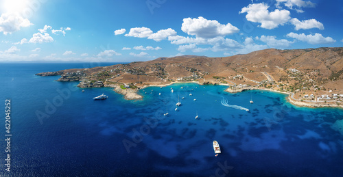Fototapeta Naklejka Na Ścianę i Meble -  Panoramic aerial view of the popular bay of Koundouros at Kea, Tzia island, Greece, with blue sea, fine, sandy beaches and exclusive villas