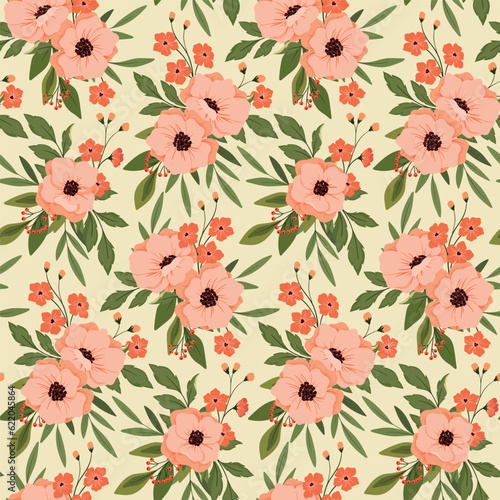 Seamless floral pattern, vintage flower print with large delicate bouquets. Beautiful botanical design: hand drawn spring flora, pink flowers, leaves, branches on light background. Vector illustration