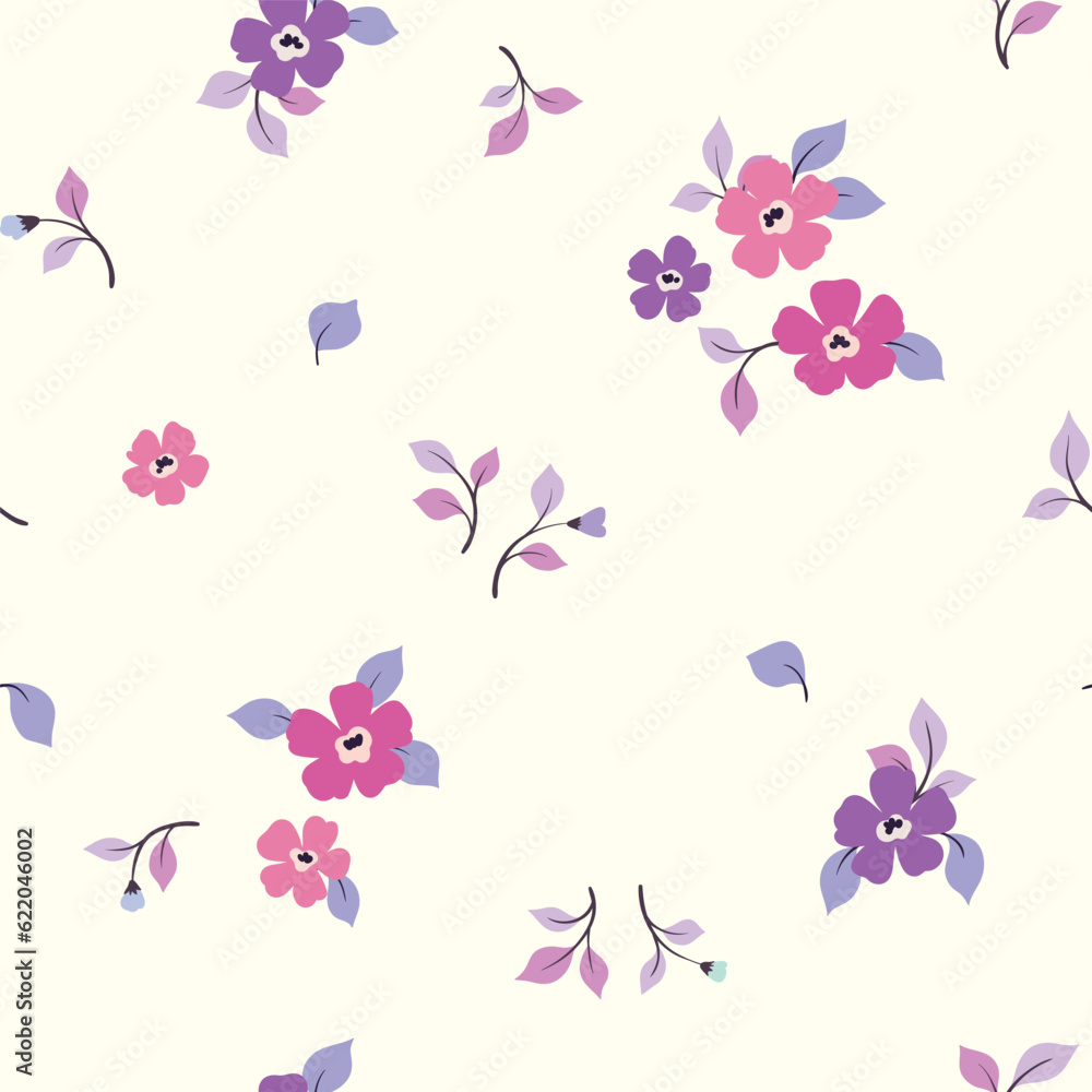 Seamless floral pattern, liberty ditsy print with cute small flowers. Pretty botanical design, ornament for fabric, paper: tiny hand drawn flowers, leaves on a light background. Vector illustration.