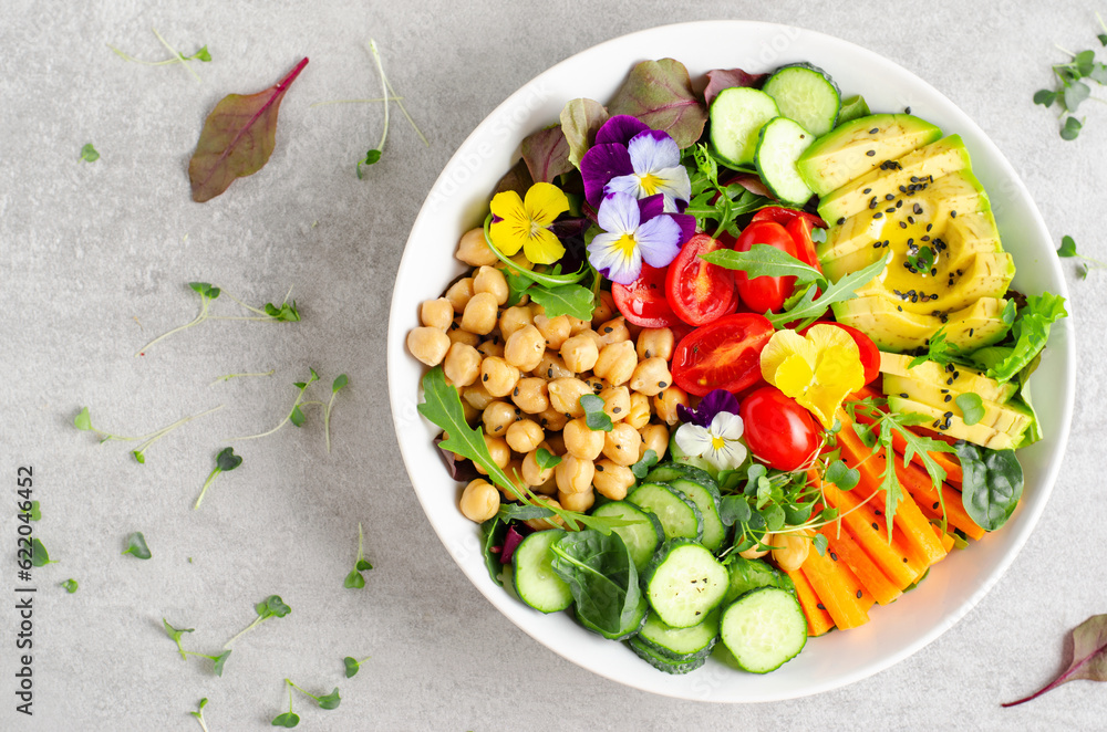 Vegan Buddha Bowl with Chickpeas, Avocado and Fresh Vegetables, Healthy Eating, Vegetarian Meal