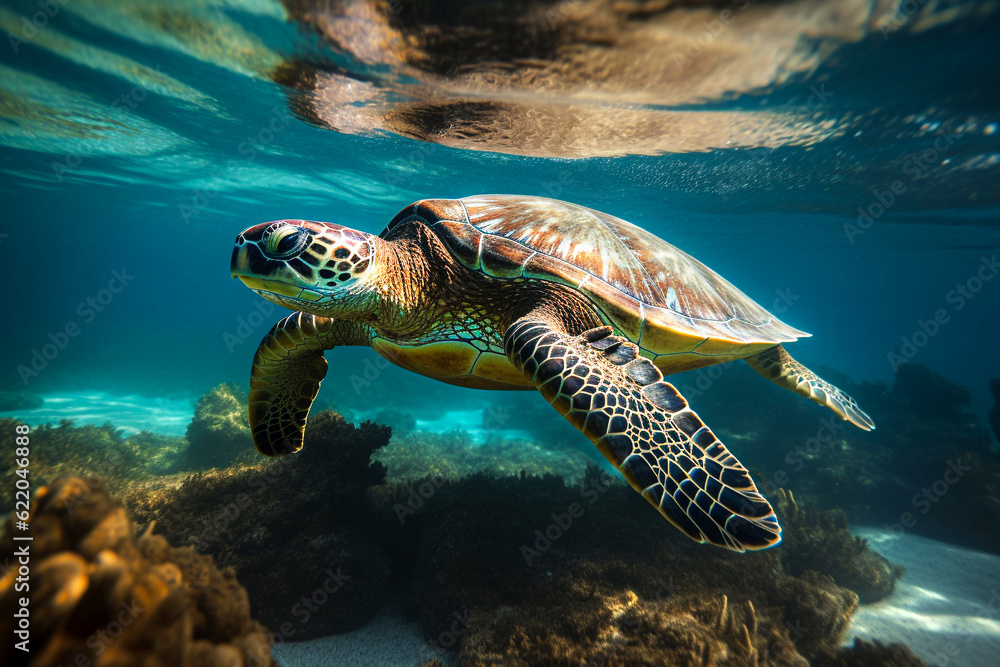 Hawaiian Green Sea Turtle (Chelonia mydas) swimming underwater. selective focus.