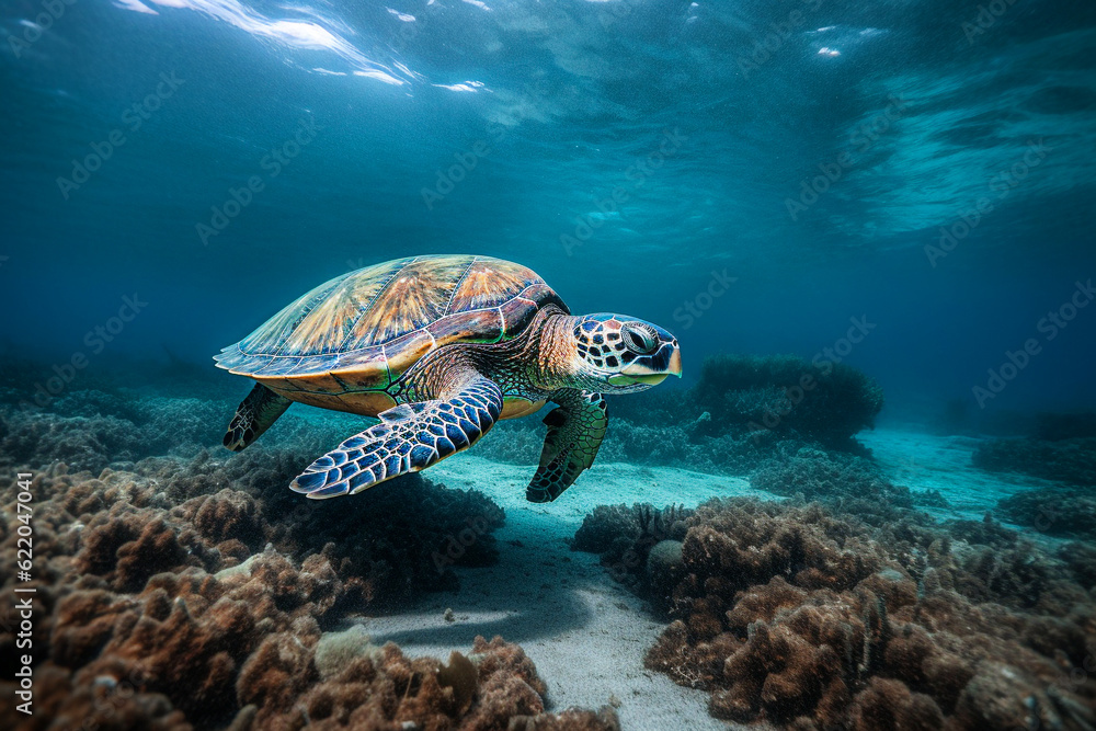 Fototapeta premium Hawaiian Green Sea Turtle (Chelonia mydas) swimming underwater in the ocean. selective focus.