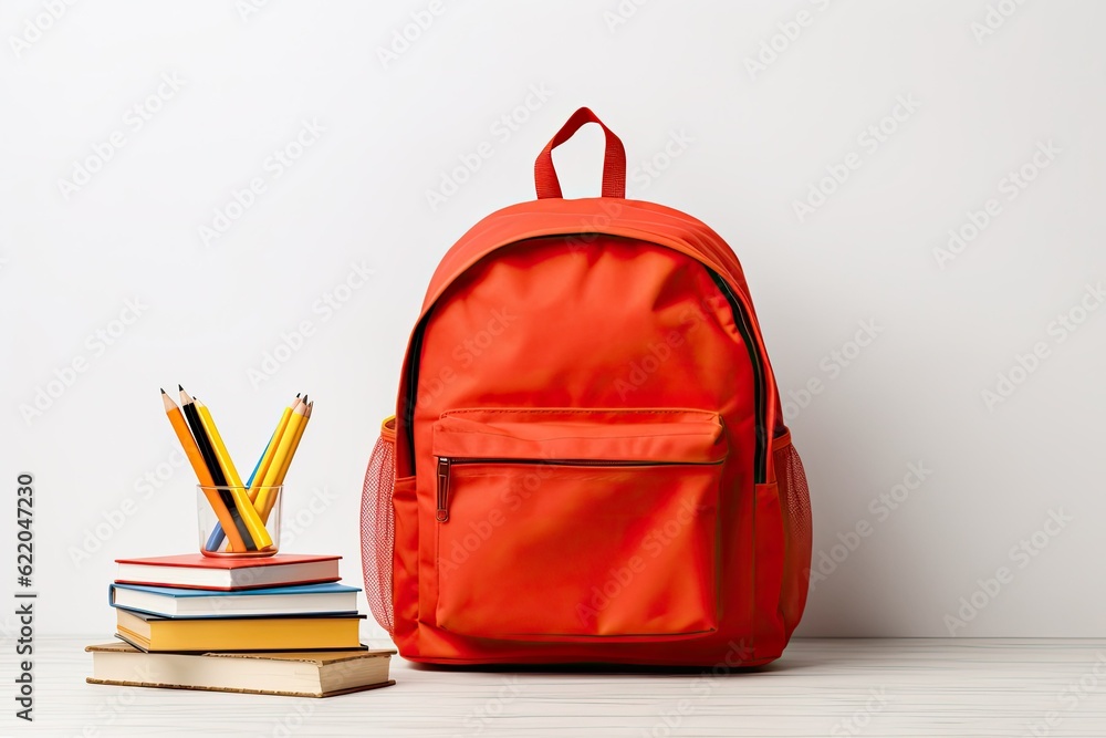 Stylish red fabric school backpack and a stack of books with pencils on a white background. Stylish red fabric school backpack and a stack of books with pencils on a white background.