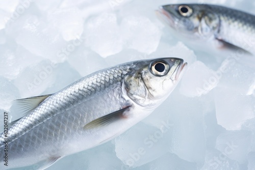 Small fresh sea or ocean fish on ice chips and cubes background.