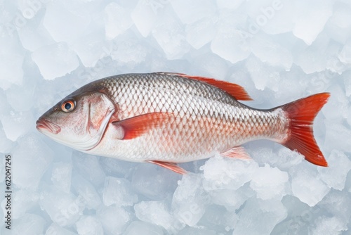 Fresh sea fish red snapper on ice chips and cubes background. © OleksandrZastrozhnov