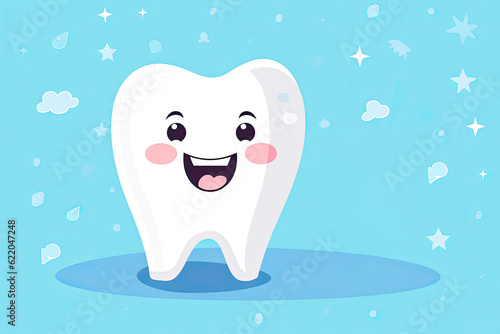 Cartoon happy snow white tooth on blue background with free space for promotional item.