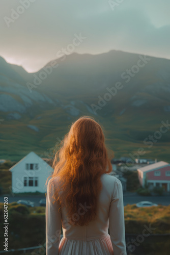 illustration of a woman/book character in formal clothes overlooking the coastline looking lost/sad/thoughtful reminding of Scottish landscapes
