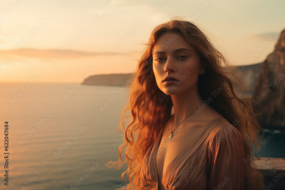 illustration of a woman/book character in formal clothes overlooking the coastline during sunset looking lost/sad/thoughtful reminding of Scottish landscapes illustration of a woman/book character in formal clothes overlooking the coastline during sunset looking lost/sad/thoughtful reminding of Scottish landscapes