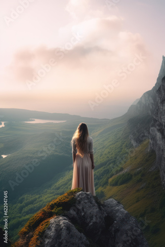 illustration of a woman/book character in formal clothes overlooking the coastline looking lost/sad/thoughtful reminding of Scottish landscapes