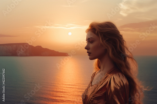 illustration of a woman/book character in formal clothes overlooking the coastline during sunset looking lost/sad/thoughtful reminding of Scottish landscapes